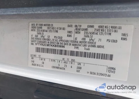 2019 Ford Transit-250 из США, поврежденный, VIN 1FTYR2CM7KKB55896